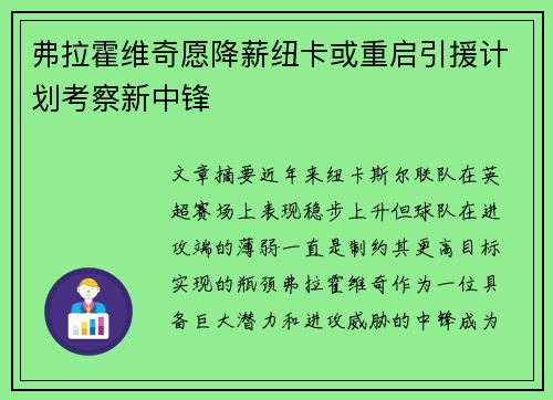 弗拉霍维奇愿降薪纽卡或重启引援计划考察新中锋 弗拉霍维奇愿降薪纽卡或重启引援计划考察新中锋