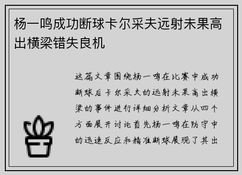 杨一鸣成功断球卡尔采夫远射未果高出横梁错失良机 杨一鸣成功断球卡尔采夫远射未果高出横梁错失良机