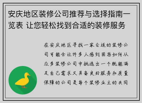 安庆地区装修公司推荐与选择指南一览表 让您轻松找到合适的装修服务 安庆地区装修公司推荐与选择指南一览表 让您轻松找到合适的装修服务